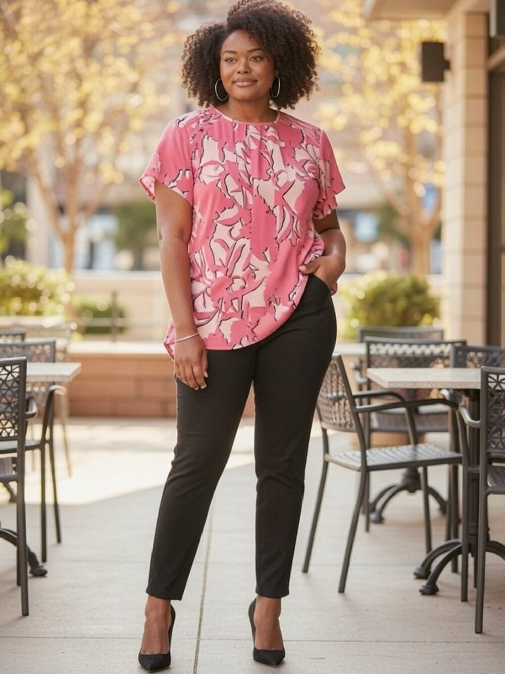 Liz Claiborne Womens Bold Floral Ruffle Top Size XL Pink Short Sleeve